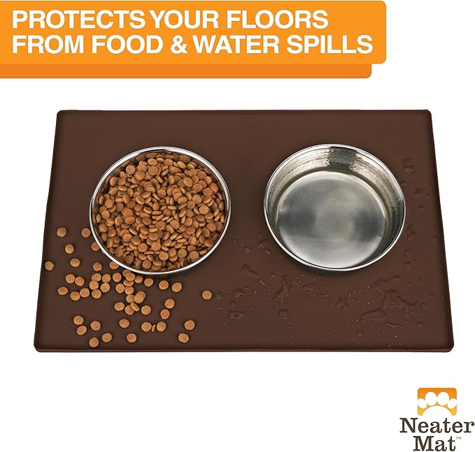 Neater Pet Brands Neater Mat Pet Mats for Food and Water, Cat &amp; Dog Bowl Mat Waterproof Silicone, Feeding Tray, Dog Food Mats for Floors, Placemat w/Raised Edge for Under Bowls, 24" x 16", Brown