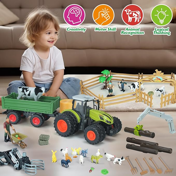 46Pcs Farm Toys, Tractor Toy w/Lights &amp; Sound, Farm Animals Toys for 3 4 5 6 7 8+ Year Old Toddler Girls Boys Kid, Figures Farmer Vehicle Truck Fence Farm Playset Educational Learning Toys