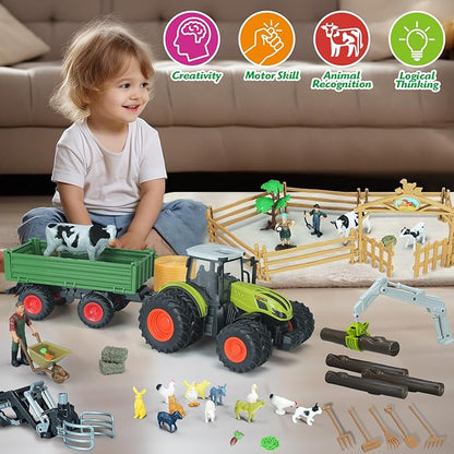 46Pcs Farm Toys, Tractor Toy w/Lights &amp; Sound, Farm Animals Toys for 3 4 5 6 7 8+ Year Old Toddler Girls Boys Kid, Figures Farmer Vehicle Truck Fence Farm Playset Educational Learning Toys