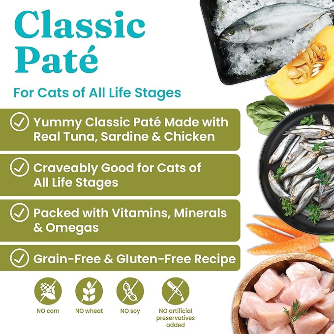 Solid Gold Wet Cat Food Pate - Healthy Canned Cat Food Pate w/Real Tuna &amp; Sardine, Omega Fatty Acids, Vitamins &amp; Minerals - Grain Free &amp; Gluten Free Can Meals for Cats &amp; Kittens - 24ct/3oz Can
