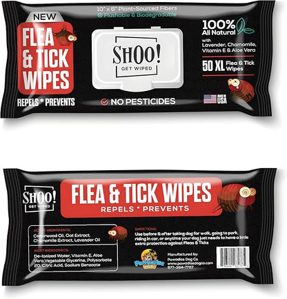 Shoo! Flea &amp; Tick Wipes for Dogs | Convenient, Easy On-The-Go Protection | Plant Based, Natural Oils, Chemical Free | Repels &amp; Prevents | 50 XL Wipes (2 Pack) | Original -Lavender