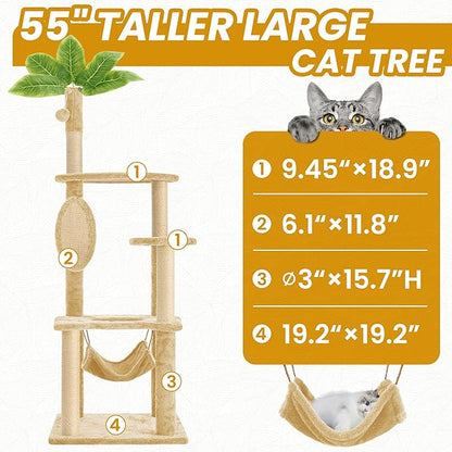 55 Inch Large Cat Tree Tower for Indoor Cats with Hammock Green Leaves Sisal Scratching Post, Plush Hang Ball Play Furniture for Kittens &amp; Adult Cats, New Beige