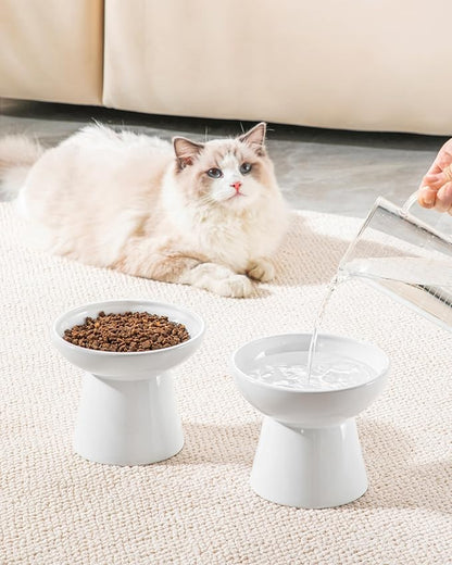 vancasso Ceramic Elevated Cat Bowls 2-Pack - 6.2" Extra Wide Raised Cat Food &amp; Water Dishes, 5.1" Optimal Height Anti-Whisker Fatigue Shallow Bowls for Cats/Kittens/Dogs, Lead &amp; Cadmium Free (White)
