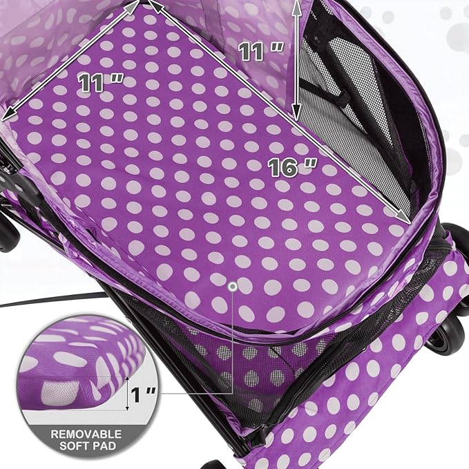MoNiBloom 4 Wheels Pet Stroller, Easy-Fold Umbrella Shaped Dog Cat Jogger Stroller w/Storage Bag &amp; Visible Mesh for Small/Medium Dogs Cats Purple Polka Dots