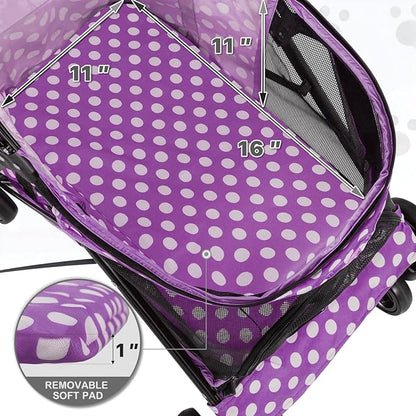 MoNiBloom 4 Wheels Pet Stroller, Easy-Fold Umbrella Shaped Dog Cat Jogger Stroller w/Storage Bag &amp; Visible Mesh for Small/Medium Dogs Cats Purple Polka Dots