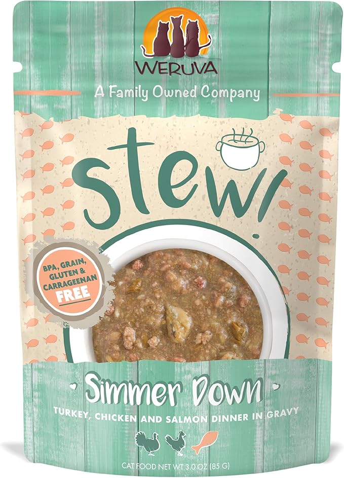 Weruva Classic Cat Stews!, Simmer Down with Turkey, Chicken &amp; Salmon in Gravy, 3oz Pouch (Pack of 12)