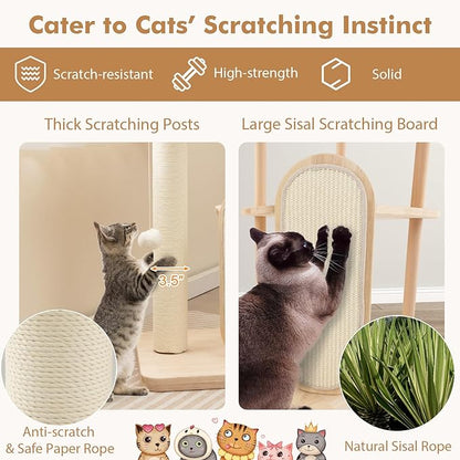 Tangkula Wood Cat Tree for Indoor Cats, Multi-Level Modern Cat Tower with Sisal Scratching Board &amp; Post, Padded Perch, Platform, Hanging Toy, Minimalist Kitten Activity Center for Small &amp; Medium Cats