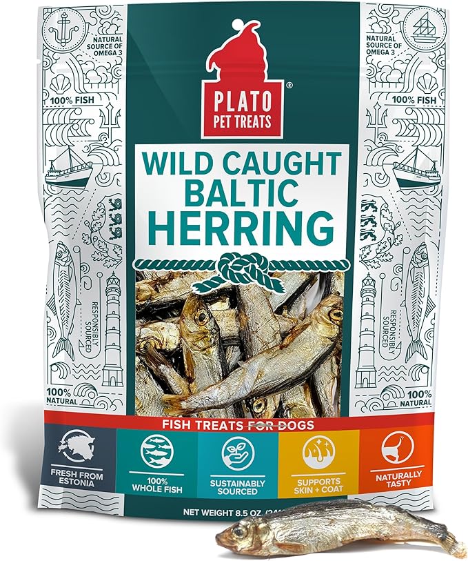 PLATO Pet Treats Fish Dog Treats - Air-Dried, Single Ingredient Dog Treat - with Omega 3 &amp; 6 Fatty Acids to Support Skin and Coat - 100% Whole Fish - Wild Caught Baltic Herring Dog Treats - 8.5 oz