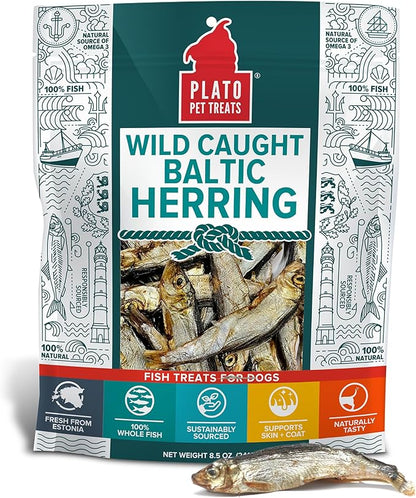 PLATO Pet Treats Fish Dog Treats - Air-Dried, Single Ingredient Dog Treat - with Omega 3 &amp; 6 Fatty Acids to Support Skin and Coat - 100% Whole Fish - Wild Caught Baltic Herring Dog Treats - 8.5 oz