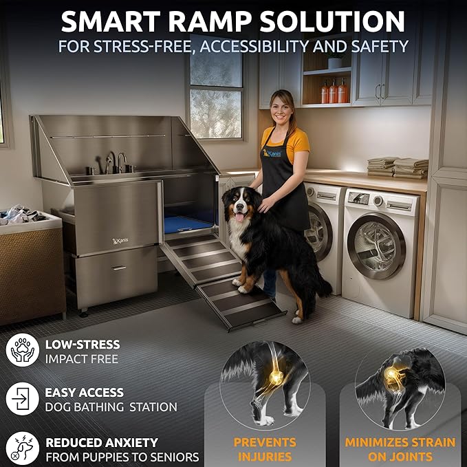 KANIS Professional Dog Washing Station - 304 Stainless Steel Pet Wash Sink &amp; Grooming Bath Tub for Home with Ramp, Shower, Floor Grate, Storage Drawer, Faucet, Drain Kit for Large, Medium &amp; Small Pets