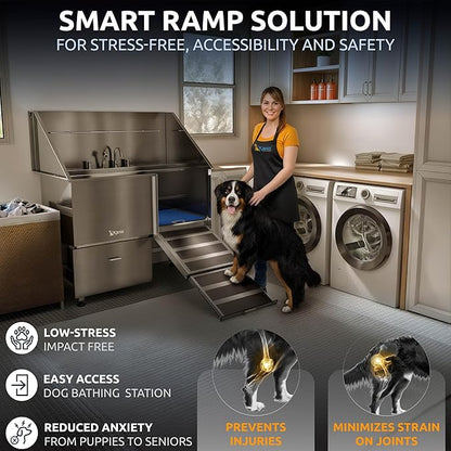 KANIS Professional Dog Washing Station - 304 Stainless Steel Pet Wash Sink &amp; Grooming Bath Tub for Home with Ramp, Shower, Floor Grate, Storage Drawer, Faucet, Drain Kit for Large, Medium &amp; Small Pets