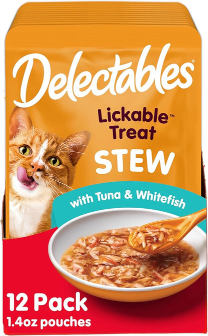 Hartz Delectables Stew Lickable Wet Cat Treats for Adult &amp; Senior Cats, Tuna &amp; Whitefish, 12 Count