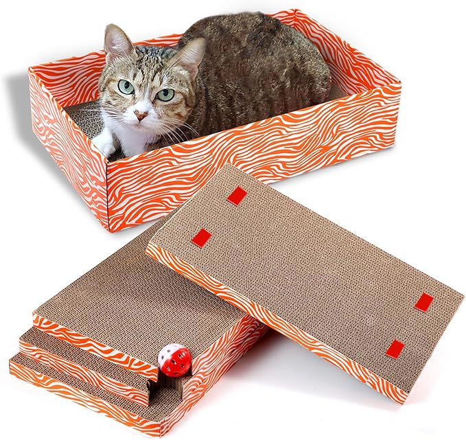 Cat Scrather Box with 4 pcs Large Scratching Cardboard and Toy Ball, Catnip, 4 in 1 Large Refillable &amp; Reversible Cat Scratcher Pad, Cardboard Cat Bed for Big Medium Small Lazy Kitty