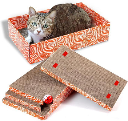 Cat Scrather Box with 4 pcs Large Scratching Cardboard and Toy Ball, Catnip, 4 in 1 Large Refillable &amp; Reversible Cat Scratcher Pad, Cardboard Cat Bed for Big Medium Small Lazy Kitty