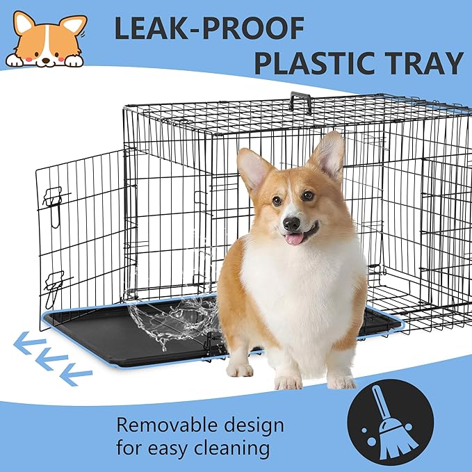 FDW 30 inch Dog Crate Dog Kennel Cage with Double Door Folding Metal Wire Dog Cage with Removable Tray&amp;Divider Panel,Pet Crate for Medium Dogs,Black