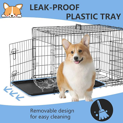 FDW 30 inch Dog Crate Dog Kennel Cage with Double Door Folding Metal Wire Dog Cage with Removable Tray&amp;Divider Panel,Pet Crate for Medium Dogs,Black