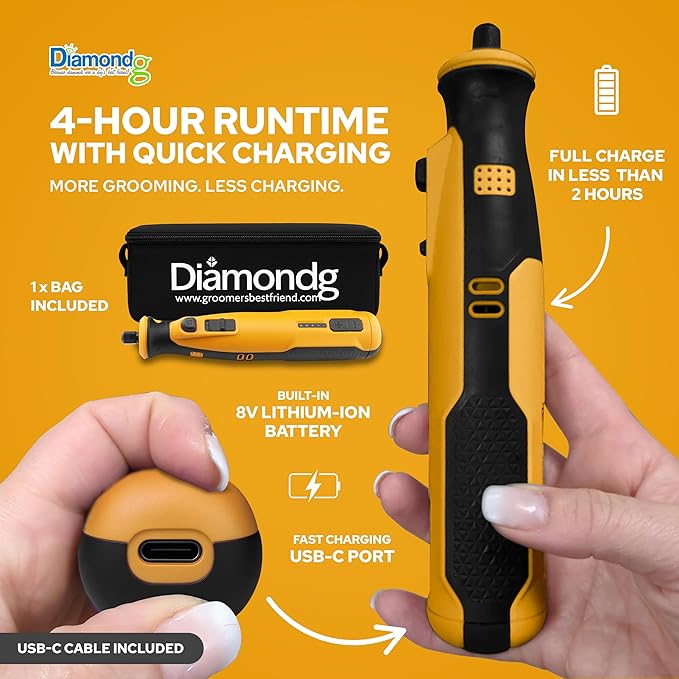 Diamondg Cordless Dog Nail Grinder with Quiet Sound &amp; LED Tip for Large &amp; Small Dogs, 4hrs. Runtime, 2 Bits Included, Orange