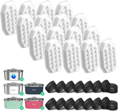 Official 32PCS Cat Water Fountain Filters Replacement &amp; Pre-Filter Sponges for 3.2L/108oz Automatic Pet Water Fountain (16 filters +16 sponges)