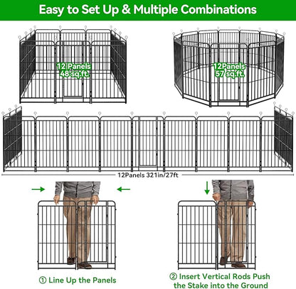 Dog Playpen Outdoor 12 Panels Heavy Duty Dog Fence 47" Height with Thick Pipe Anti-Rust with Doors Portable for RV Camping Yard, Total 27FT, 57 Sq.ft, Snowy Black