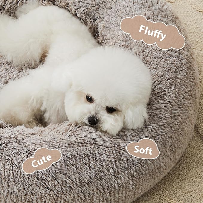 WNPETHOME Calming Dog Bed &amp; Cat Bed, Anti-Anxiety Donut Small Dog Bed, Fluffy Faux Fur Cats Cushion Puppy Bed for Small Pets and Cats (24 x 24 inch, Light Coffee)