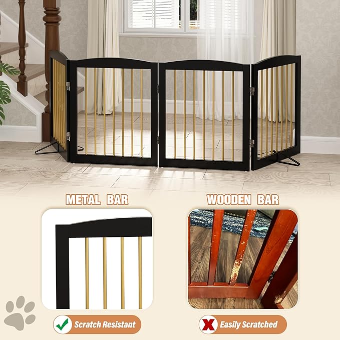 Freestanding Pet Gate for Dogs, Foldable Wooden Dog Gate for House, Indoor Dog Gate for Stairs, Doorways, Step Over Pet Puppy Safety Fence, 80 Inch Wide, 4 Panels 24", Black &amp; Gold