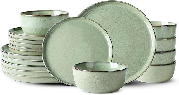 GBHOME Ceramic Dinnerware Sets for 6, 18 Pieces Stoneware Plates and Bowls Sets, Scratch Resistant Dishes, Dishwasher &amp; Microwave Safe-Pastel Green