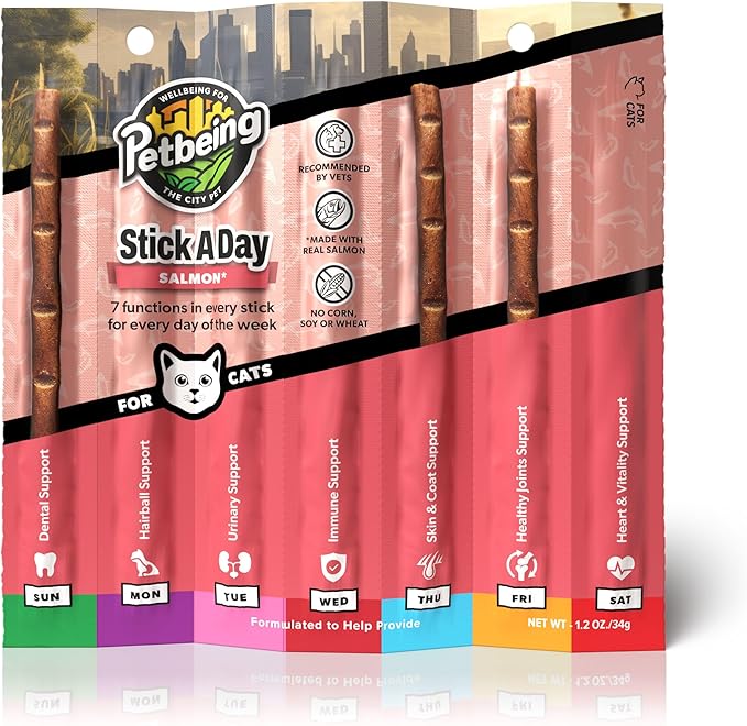 Stick a Day | Specially Formulated 7-in-1 Functions Daily Real Meat Supplement for Cats | Cat Chew Stick &amp; Pet Vitamins Supplements Combination (7-Pack x 4, Mix)