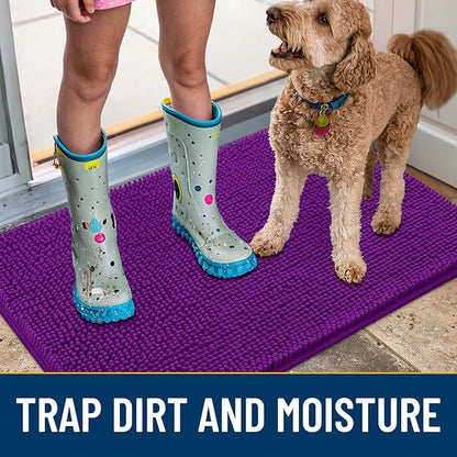 Smiry Dog Door Mat for Muddy Paws 36x24, Absorbs Moisture and Dirt Doormat, Non-Slip Washable Quick Dry Chenille Front Door Mat Indoor Entrance, Entryway Carpet for Inside Floor, Purple