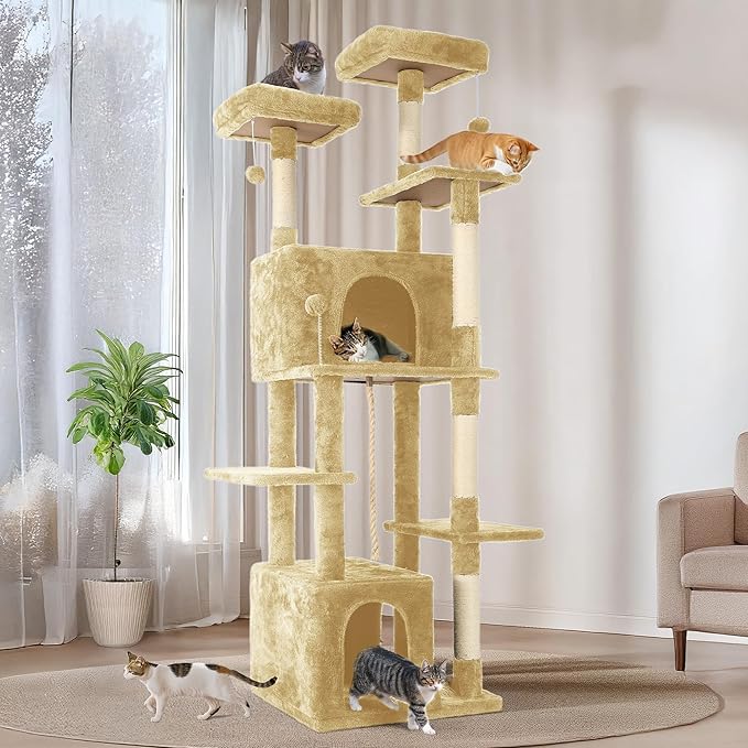 69in Large Cat Tree Tower for Indoor Cats with Soft Plush Hang Ball, Two Condos, Sisal Scratch Posts &amp; Rope Play for Kittens/Adult Cats, Beige