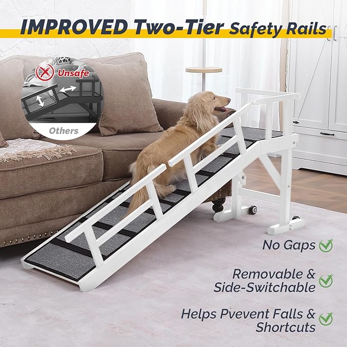 Dog Ramp for Bed or Couch, Wooden Pet Ramp with 20° Gentle Slope, Removable Side Rails, Non-Slip Surface, Top Platform &amp; Wheels, Safe Bed Ramp for Small, Medium &amp; Senior Dogs, 60" Long, White