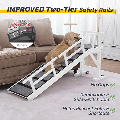 Dog Ramp for Bed or Couch, Wooden Pet Ramp with 20° Gentle Slope, Removable Side Rails, Non-Slip Surface, Top Platform &amp; Wheels, Safe Bed Ramp for Small, Medium &amp; Senior Dogs, 60" Long, White