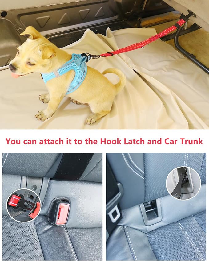 AUBELL Dog Seat Belt for Car,Updated 3-in-1 Adjustable Reflective Bungee Heavy Duty Dog Car Harness Tether with Clip Hook Latch &amp; Buckle,Swivel Zinc Alloy Carabiner,Red