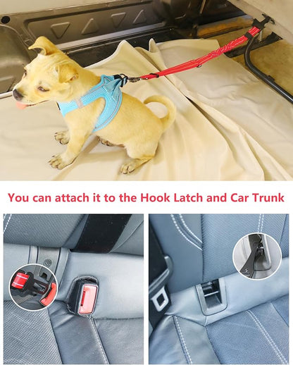 AUBELL Dog Seat Belt for Car,2 Pack Set 3-in-1 Adjustable Reflective Bungee Heavy Duty Dog Car Harness Tether with Clip Hook Latch &amp; Buckle,Swivel Zinc Alloy Carabiner,Black+Red