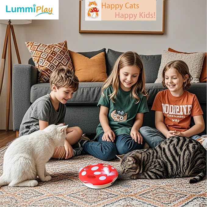 Interactive Cat Toy Automatic Mushroom - Whack-a-Mole Game with Rotating Feathers for Indoor Cats, Hide &amp; Seek Rechargeable Toys Boredom Relief Adult Kittens, Safe Chew Proof Design (Red)