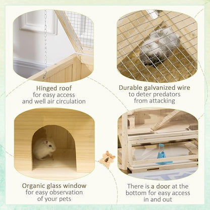 PawHut Wooden Large Hamster Cage Small Animal Exercise Play House 3 Tier with Tray, Seesaws, Water Bottle, Activity Center, Natural
