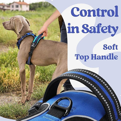rabbitgoo Dog Harness for Large, No Pull Pet Harness with 3 Buckles, Adjustable Soft Padded Vest with Control Handle, Walking Reflective Pet Vest for Large Dogs, Blue, L
