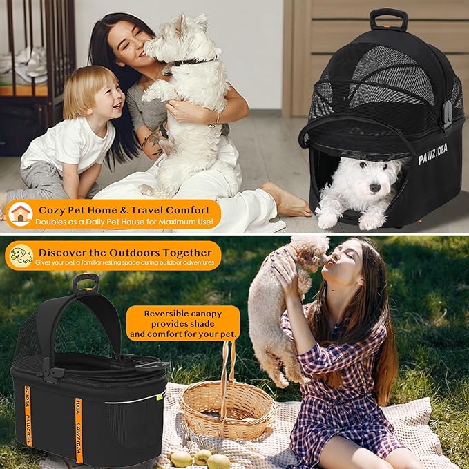 PAWZIDEA Pet Stroller 4 in 1, Dog Strollers for Small/Medium Dogs/Cats with Detachable Carrier NO-Zip Canopy, Seatbelt Puppy Car Seat Combo, Foldable &amp; Lightweight Jogger Cat Strollers, Storage Basket