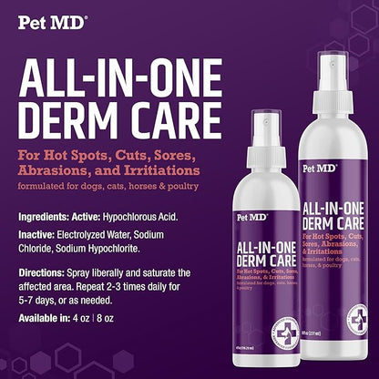 Pet MD All-in-One Derm Care - Hypochlorous Acid Spray for Dogs &amp; All Pets - Skin Soother for Dogs &amp; Wound Spray for Dogs - Cat Wound Care, Dog Hot Spot Remedy, &amp; Dog Itch Relief - 8oz