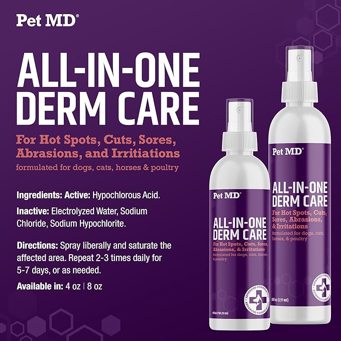 Pet MD All-in-One Derm Care - Hypochlorous Acid Spray for Dogs &amp; All Pets - Skin Soother for Dogs &amp; Wound Spray for Dogs - Cat Wound Care, Dog Hot Spot Remedy, &amp; Dog Itch Relief - 4oz