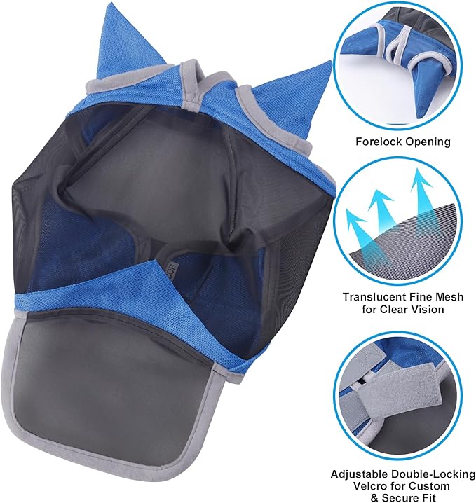 Horse Fly Mask with Ears &amp; Long Nose Cover | Forelock Opening for Tangle-Free Mane Care | UV Protection &amp; Breathable Mesh | No Rub Fit and Enhanced Visbility for Trail Riding RoyalBlue Pony