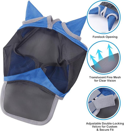 Horse Fly Mask with Ears &amp; Long Nose Cover | Forelock Opening for Tangle-Free Mane Care | UV Protection &amp; Breathable Mesh | No Rub Fit and Enhanced Visbility for Trail Riding RoyalBlue Pony