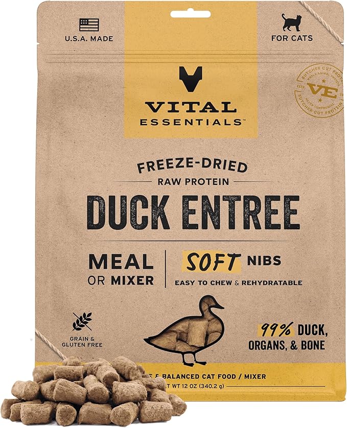 Vital Essentials Freeze-Dried Raw Duck Meal or Mixer Cat Food Soft Nibs | 99% Duck, Organs &amp; Bone | 12 oz