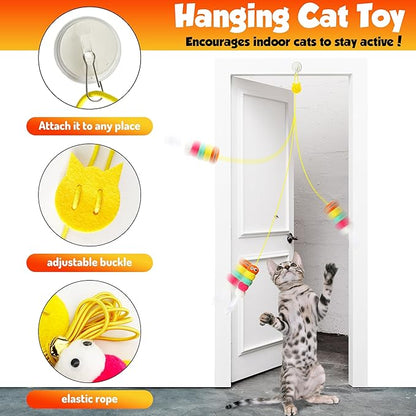 Cat toy pack with 27PCS self play accessories for indoor cats-cat teaser wand, fishing pole, suction cup, ball, string, mouse, feathers and hanging interactive cat toys for kitten Exercise &amp; Chase