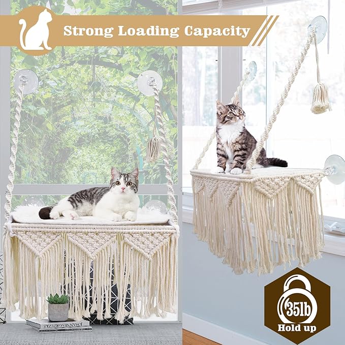 Cat Window Perch Macrame Cat Hammock Boho Wall Mounted Pet Resting Seat Bed for Sunbathing, Napping &amp; Overlooking with 4 Seat Suction Cups &amp; Fleece Blanket &amp; Knitted Ball Toy - Weighted up to 35lbs.