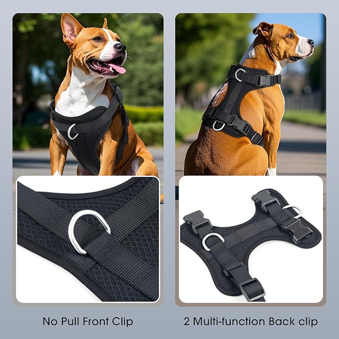 Wisedog Mesh Breathable Dog Harness: No Pull Harness with 3 Fast-Release Buckles Adjustable for Walking &amp; Training for Small Medium Large Dogs (Black, L: Neck=20"-25"/Chest=17"-33")