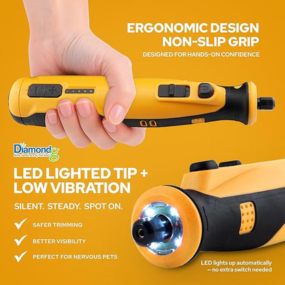 Diamondg Cordless Dog Nail Grinder with Quiet Sound &amp; LED Tip for Large &amp; Small Dogs, 4hrs. Runtime, 2 Bits Included, Orange