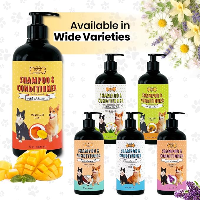 POM Pets 2-in-1 Organic Dog Shampoo &amp; Conditioner – Itchy Skin Relief, Dog Deshedding, Detangles Fur, Cat Shampoo, Paw Cleaner for Dogs, Natural Coat Defense Formula