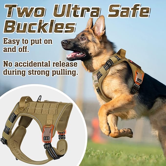 rabbitgoo Tactical Dog Harness for Large Dogs, No Pull Military Service Vest with Handle &amp; Molle, Easy Control for Training Walking, Adjustable Reflective Straps, Brown, L