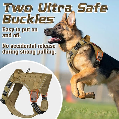 rabbitgoo Tactical Dog Harness for Large Dogs, No Pull Military Service Vest with Handle &amp; Molle, Easy Control for Training Walking, Adjustable Reflective Straps, Brown, L