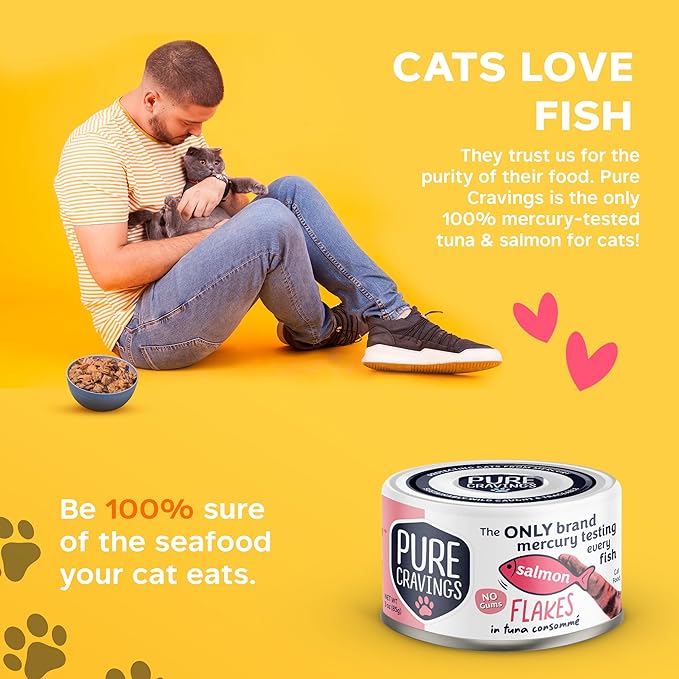 Salmon Flakes in Tuna Consommé, Canned Wet Cat Food Soup, 100% Mercury-Tested, Moist Can Fish, Grain-Free Protein, Non-GMO, 3oz, Pack of 12